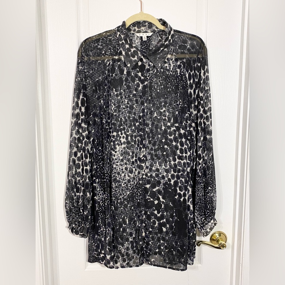 CAbi Sheer Printed Button Front Long Sleeve Tunic Blouse Black White XL